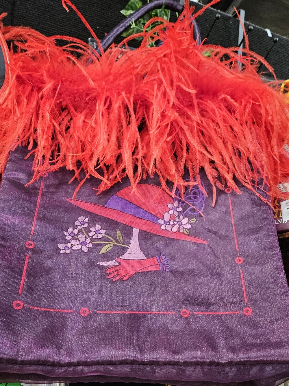 Purple Feather-Trimmed Party Tote Bag with Red Feather Accent